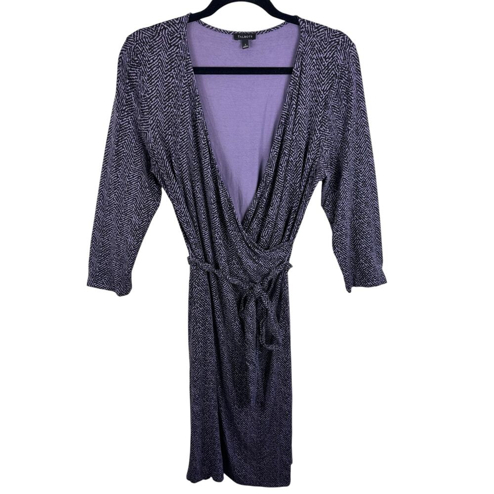 Talbots Purple Black 3/4 Sleeve Midi Belted Stretchy Faux‎ Wrap Dress Size L